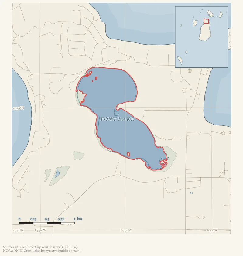 Locator map: Font Lake highlighted within the Beaver Island archipelago