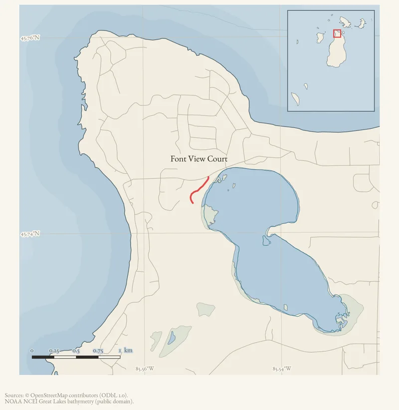 Locator map: Font View Court highlighted within the Beaver Island archipelago