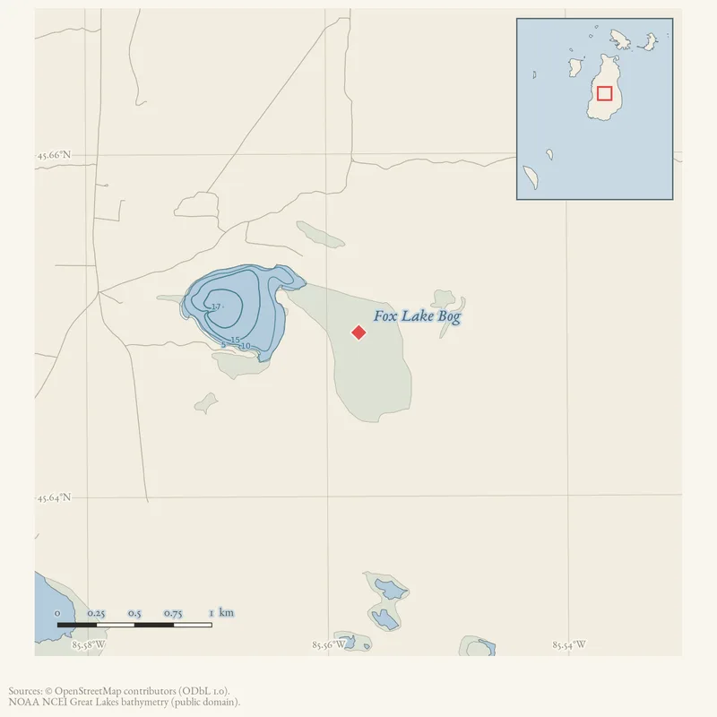 Locator map: Fox Lake Bog highlighted within the Beaver Island archipelago