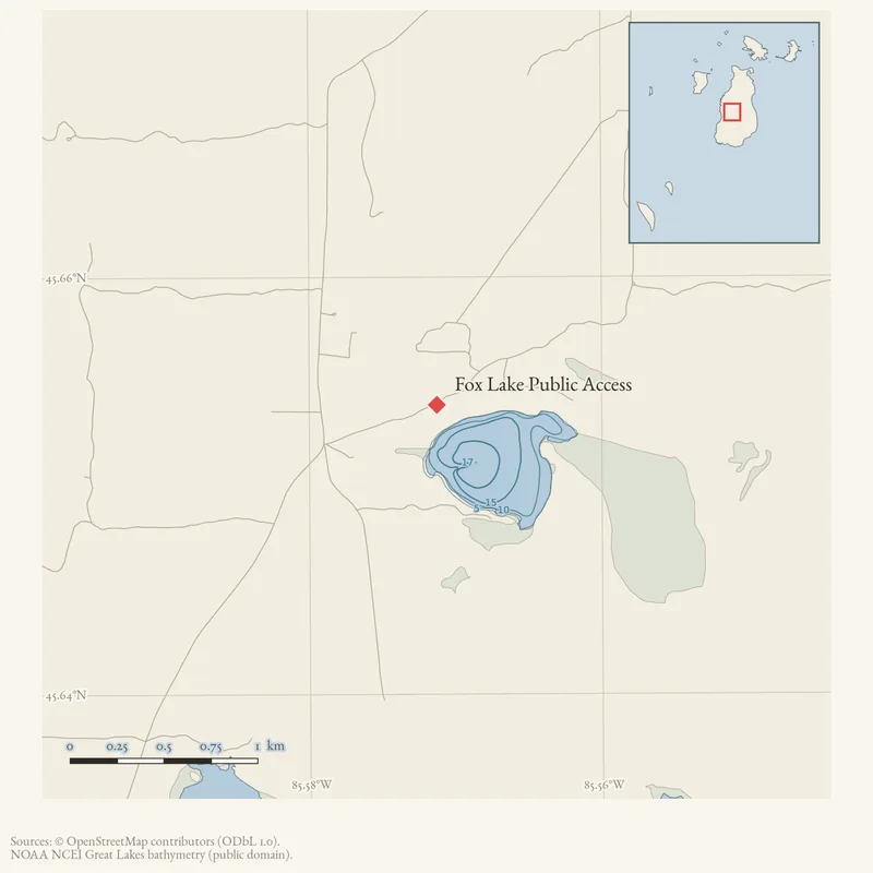 Locator map: Fox Lake Public Access highlighted within the Beaver Island archipelago