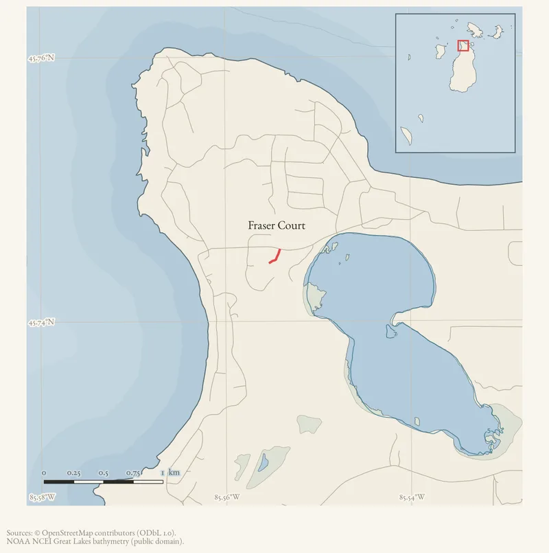 Locator map: Fraser Court highlighted within the Beaver Island archipelago