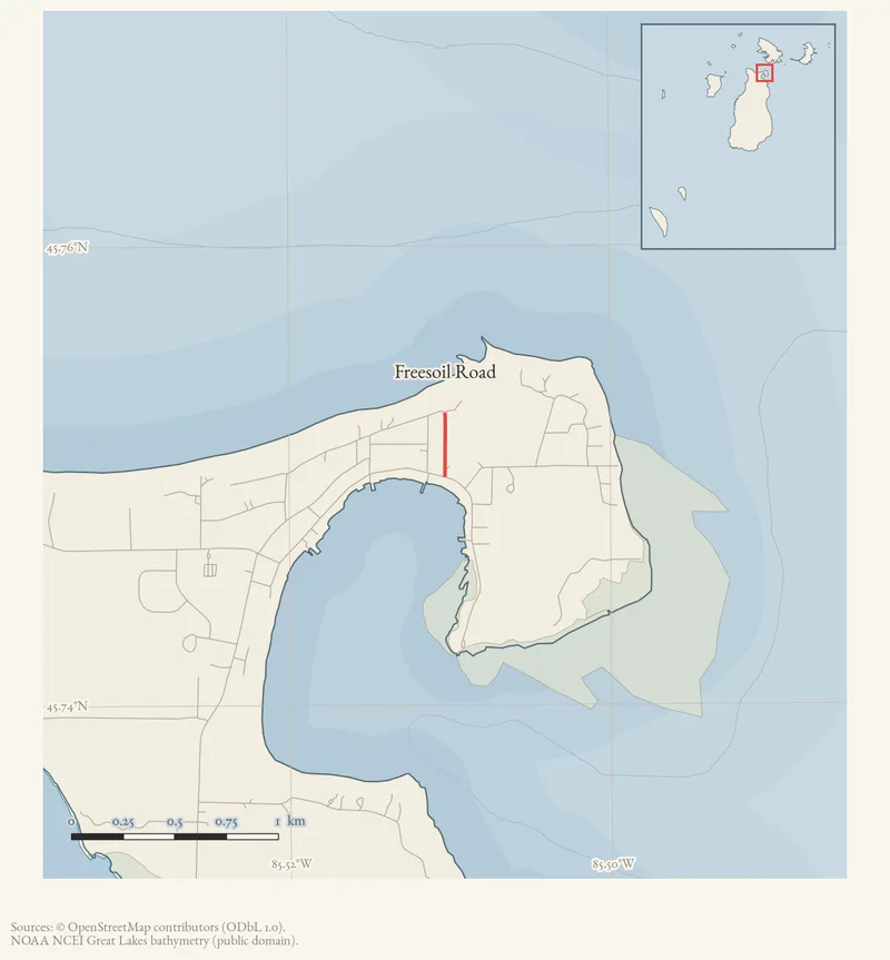 Locator map: Freesoil Road highlighted within the Beaver Island archipelago