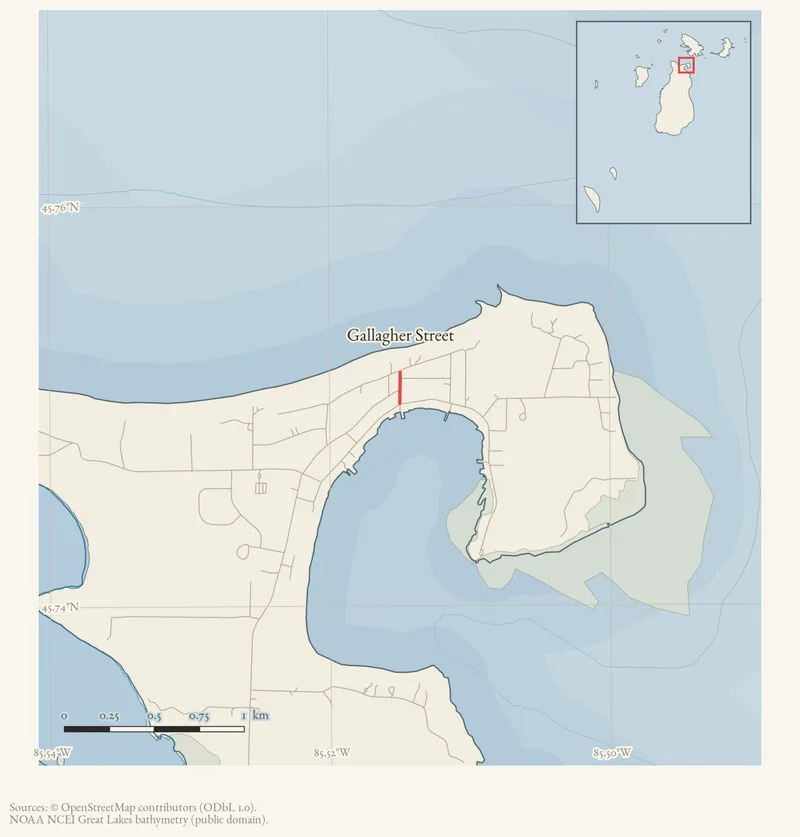 Locator map: Gallagher Street highlighted within the Beaver Island archipelago