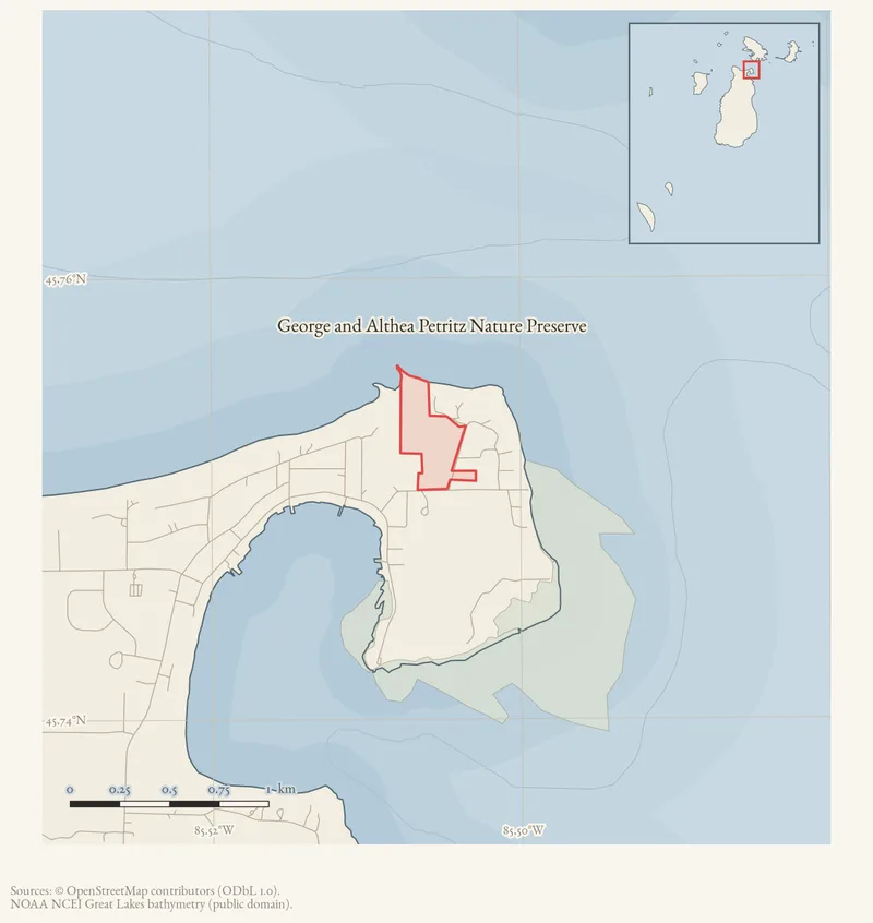 Locator map: George and Althea Petritz Nature Preserve highlighted within the Beaver Island archipelago