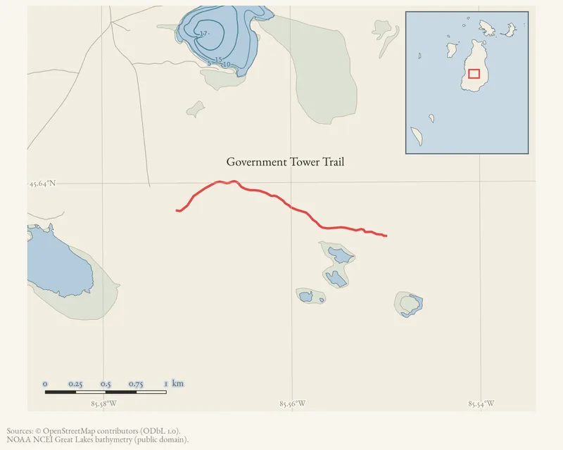 Locator map: Government Tower Trail highlighted within the Beaver Island archipelago