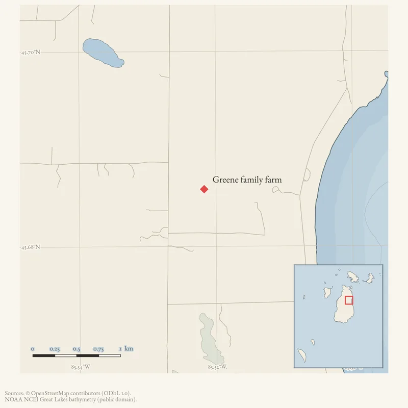 Locator map: Greene family farm highlighted within the Beaver Island archipelago