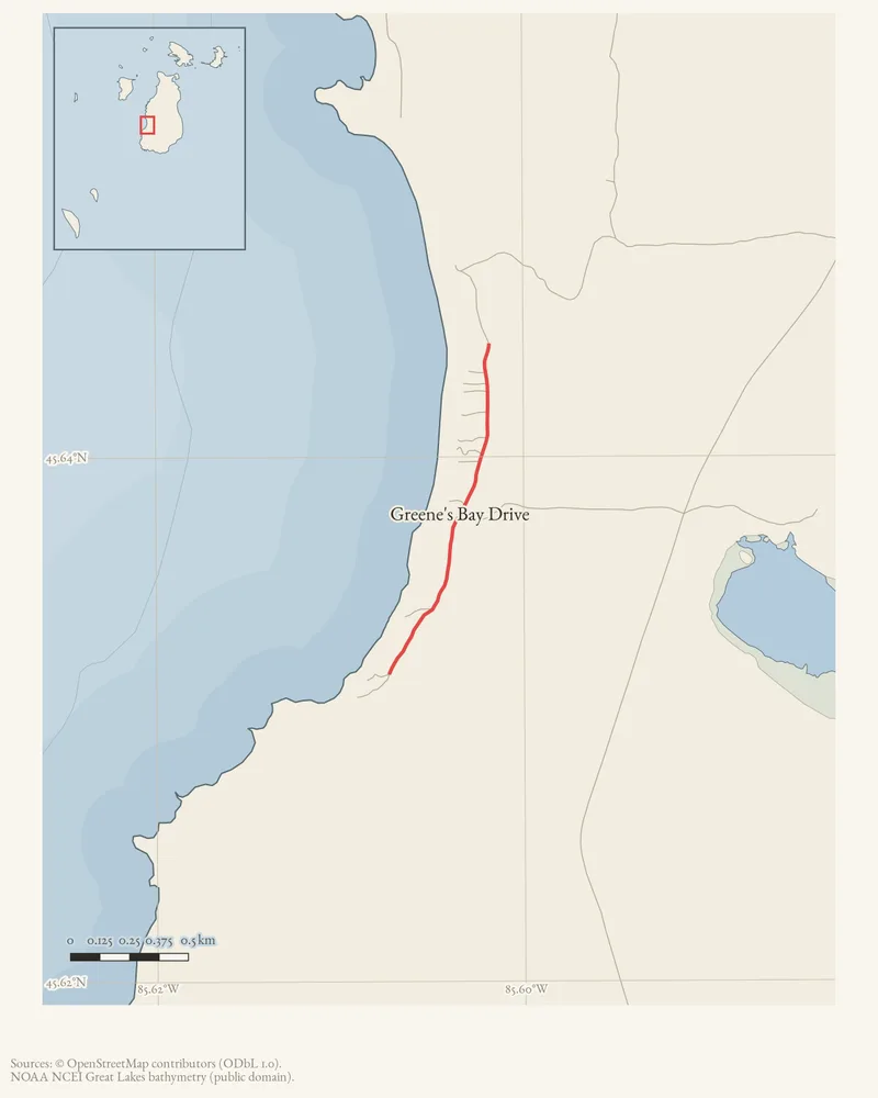 Locator map: Greene's Bay Drive highlighted within the Beaver Island archipelago