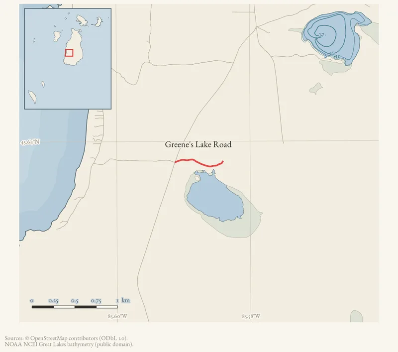 Locator map: Greene's Lake Road highlighted within the Beaver Island archipelago
