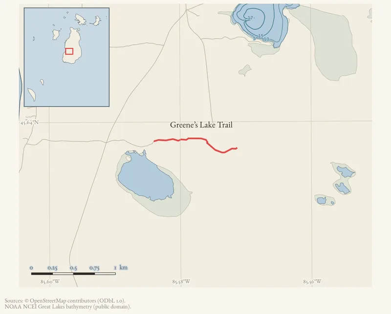 Locator map: Greene’s Lake Trail highlighted within the Beaver Island archipelago
