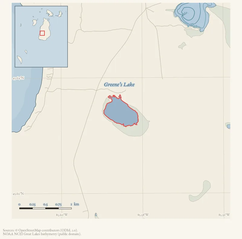 Locator map: Greene’s Lake highlighted within the Beaver Island archipelago