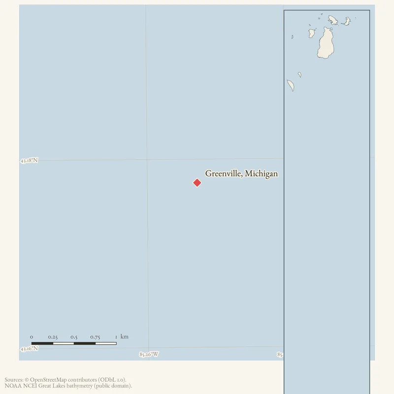 Locator map: Greenville, Michigan highlighted within the Beaver Island archipelago
