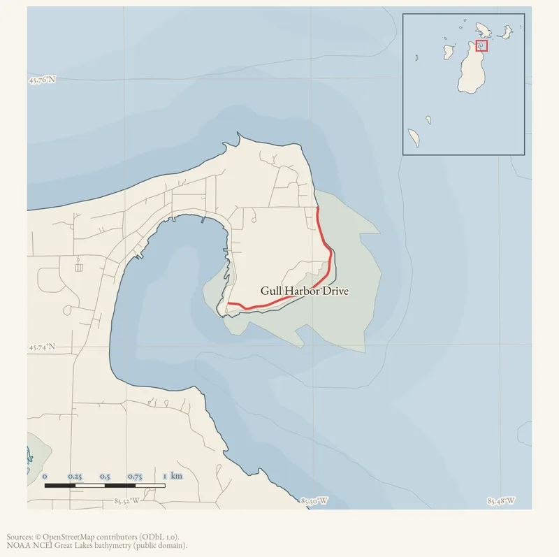 Locator map: Gull Harbor Drive highlighted within the Beaver Island archipelago