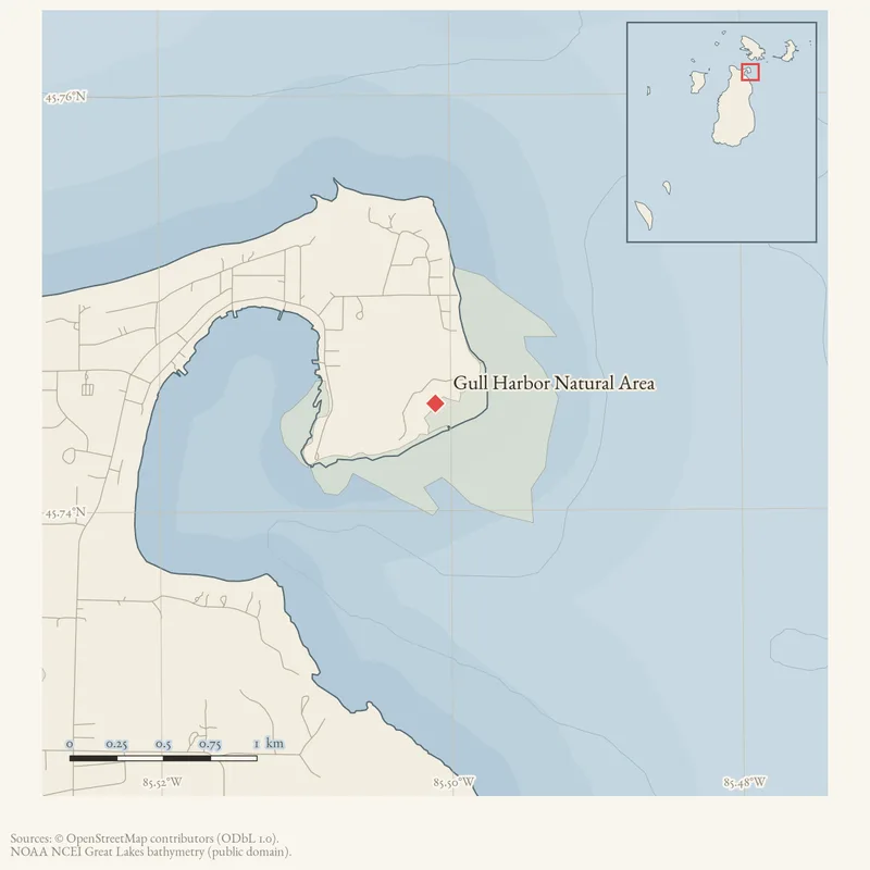 Locator map: Gull Harbor Natural Area highlighted within the Beaver Island archipelago