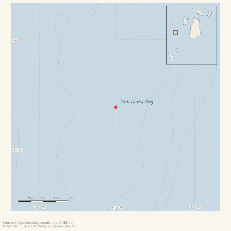 Locator map: Gull Island Reef highlighted within the Beaver Island archipelago