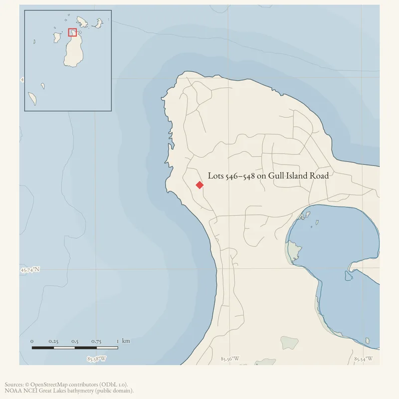 Locator map: Lots 546–548 on Gull Island Road highlighted within the Beaver Island archipelago