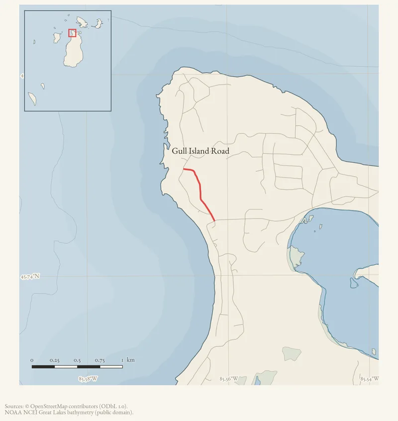 Locator map: Gull Island Road highlighted within the Beaver Island archipelago