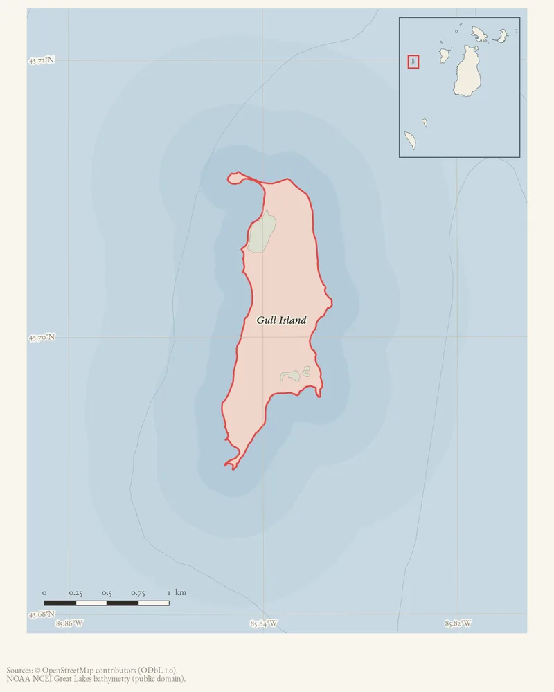 Locator map: Gull Island highlighted within the Beaver Island archipelago