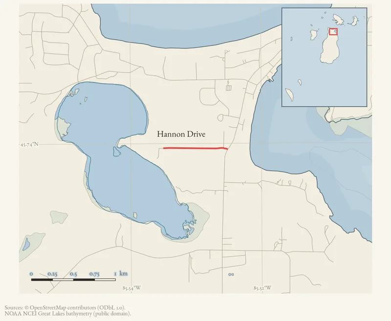 Locator map: Hannon Drive highlighted within the Beaver Island archipelago