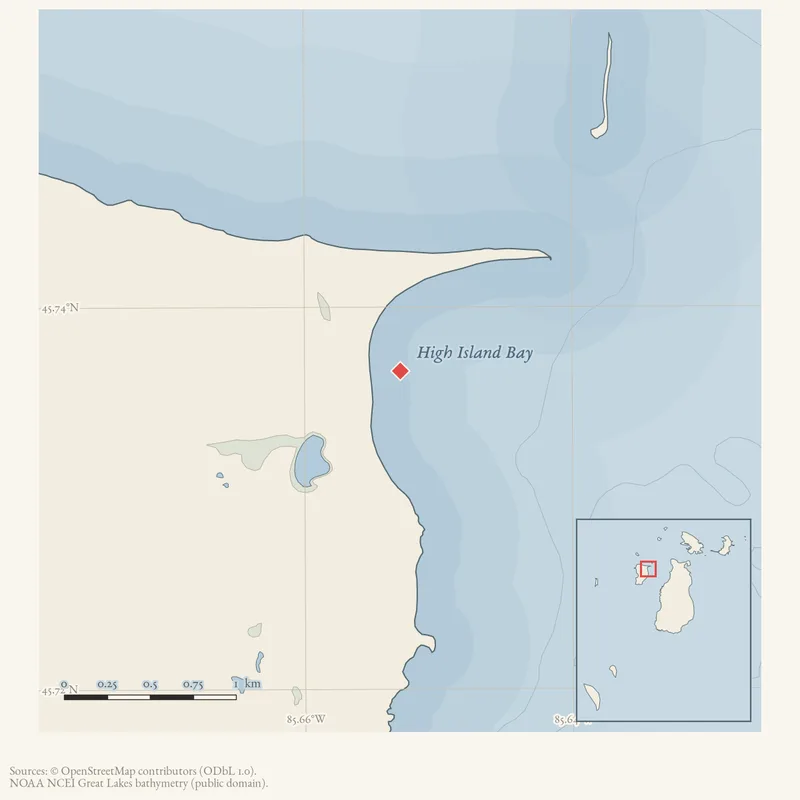 Locator map: High Island Bay highlighted within the Beaver Island archipelago