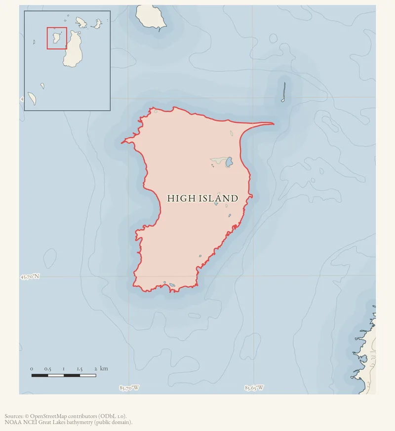 Locator map: High Island highlighted within the Beaver Island archipelago