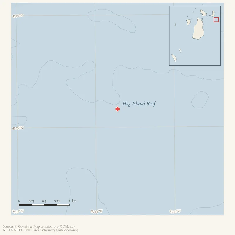 Locator map: Hog Island Reef highlighted within the Beaver Island archipelago