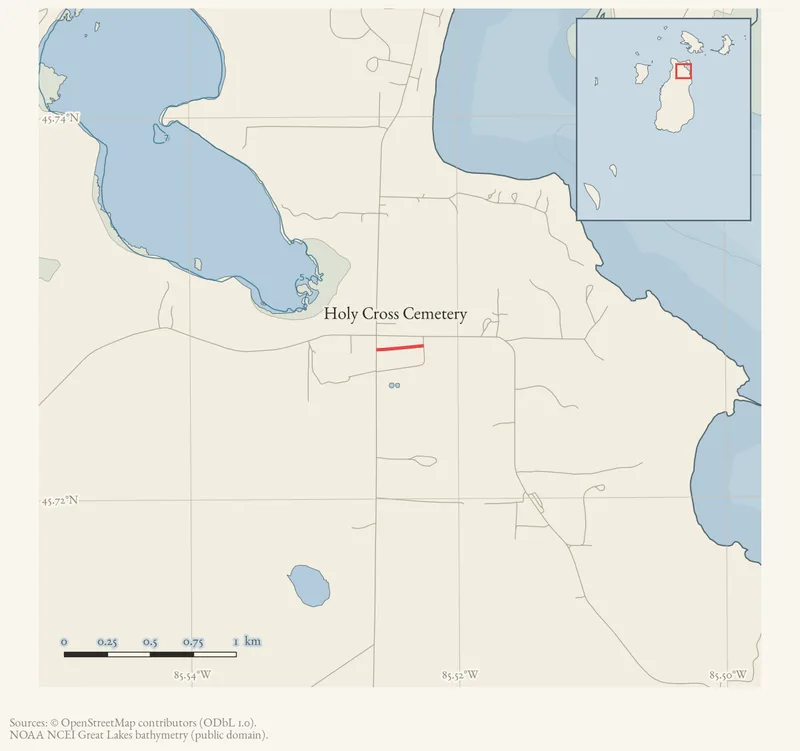 Locator map: Holy Cross Cemetery highlighted within the Beaver Island archipelago