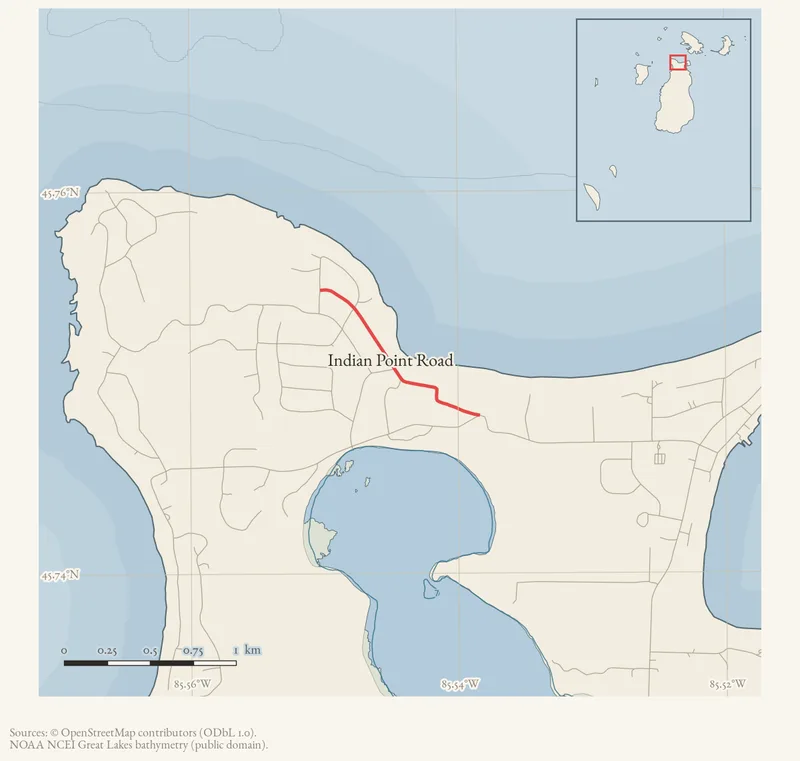 Locator map: Indian Point Road highlighted within the Beaver Island archipelago