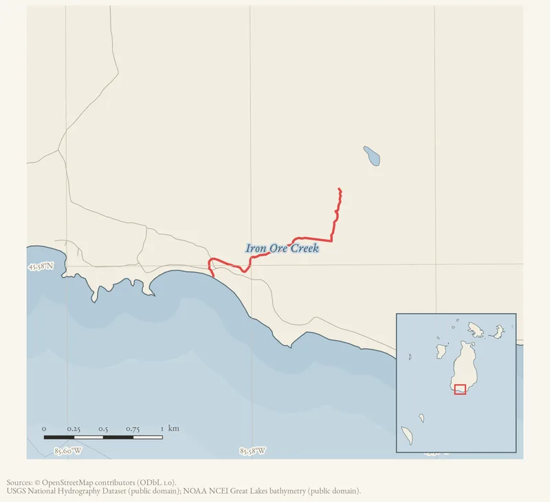 Locator map: Iron Ore Creek highlighted within the Beaver Island archipelago