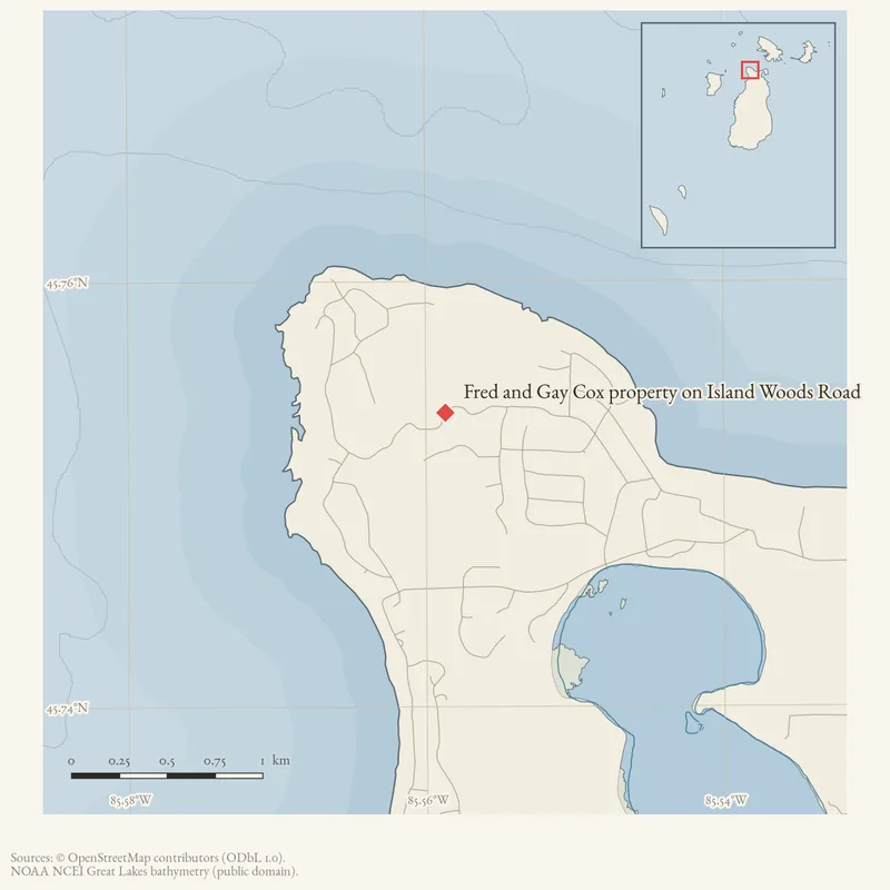 Locator map: Fred and Gay Cox property on Island Woods Road highlighted within the Beaver Island archipelago