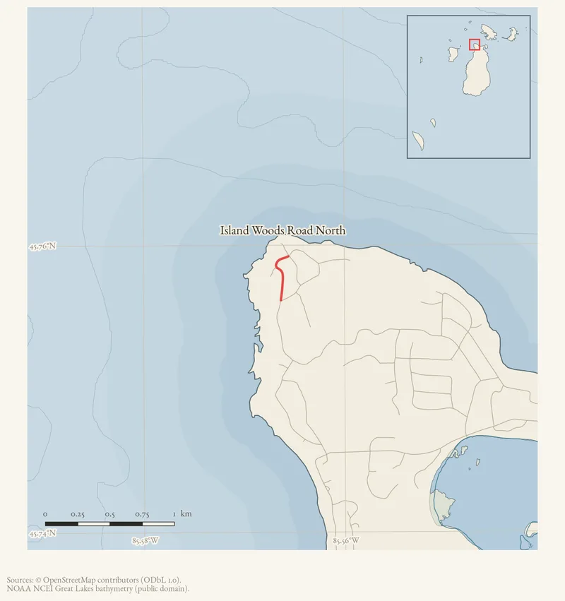 Locator map: Island Woods Road North highlighted within the Beaver Island archipelago