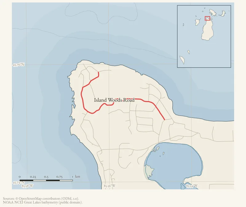 Locator map: Island Woods Road highlighted within the Beaver Island archipelago