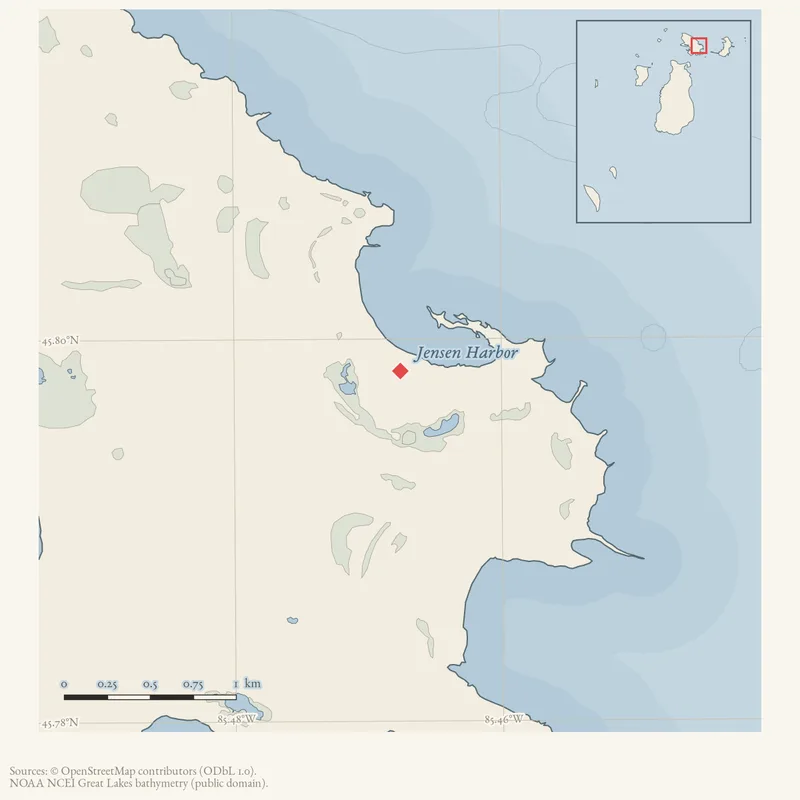 Locator map: Jensen Harbor highlighted within the Beaver Island archipelago
