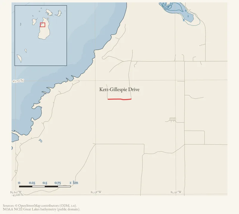 Locator map: Kett-Gillespie Drive highlighted within the Beaver Island archipelago