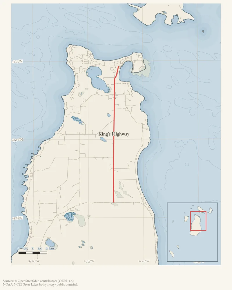 Locator map: King's Highway highlighted within the Beaver Island archipelago