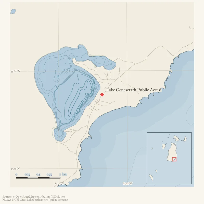 Locator map: Lake Geneserath Public Access highlighted within the Beaver Island archipelago