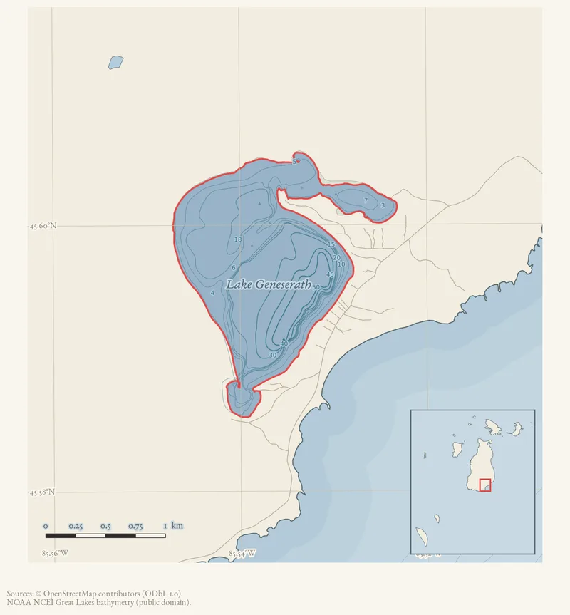 Locator map: Lake Geneserath highlighted within the Beaver Island archipelago
