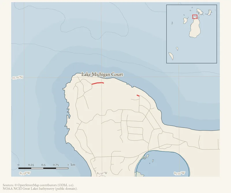 Locator map: Lake Michigan Court highlighted within the Beaver Island archipelago
