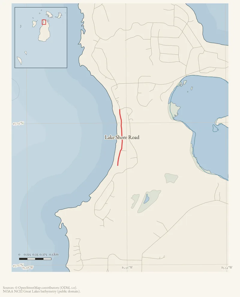 Locator map: Lake Shore Road highlighted within the Beaver Island archipelago