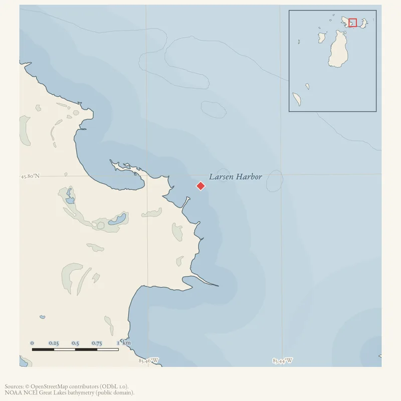 Locator map: Larsen Harbor highlighted within the Beaver Island archipelago