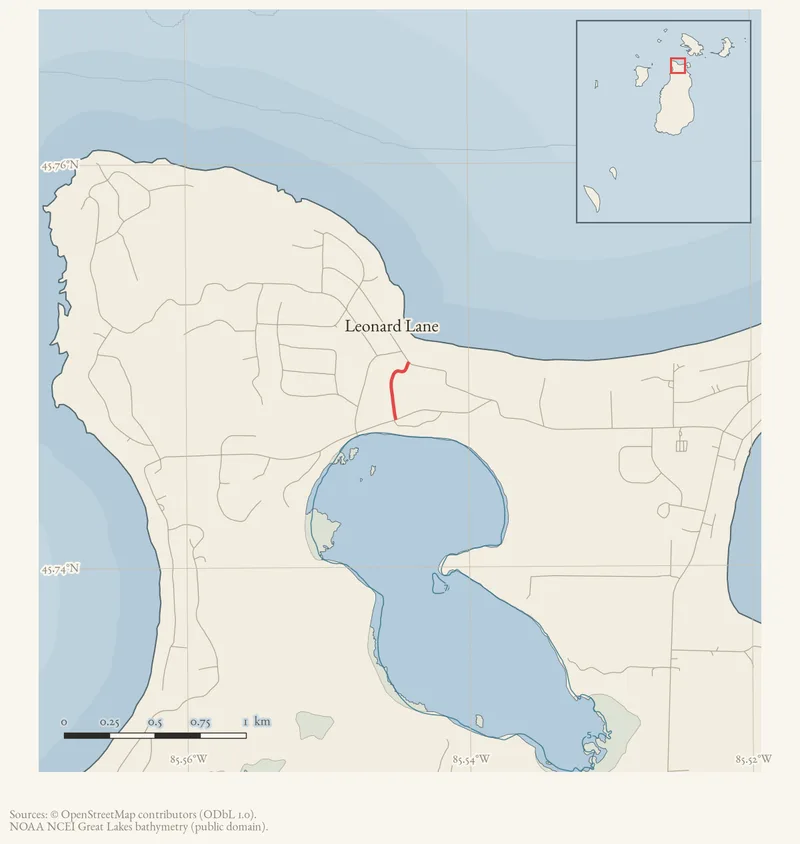 Locator map: Leonard Lane highlighted within the Beaver Island archipelago