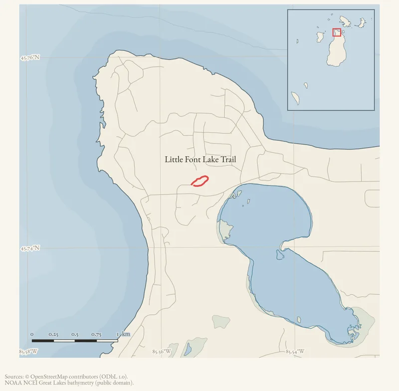 Locator map: Little Font Lake Trail highlighted within the Beaver Island archipelago