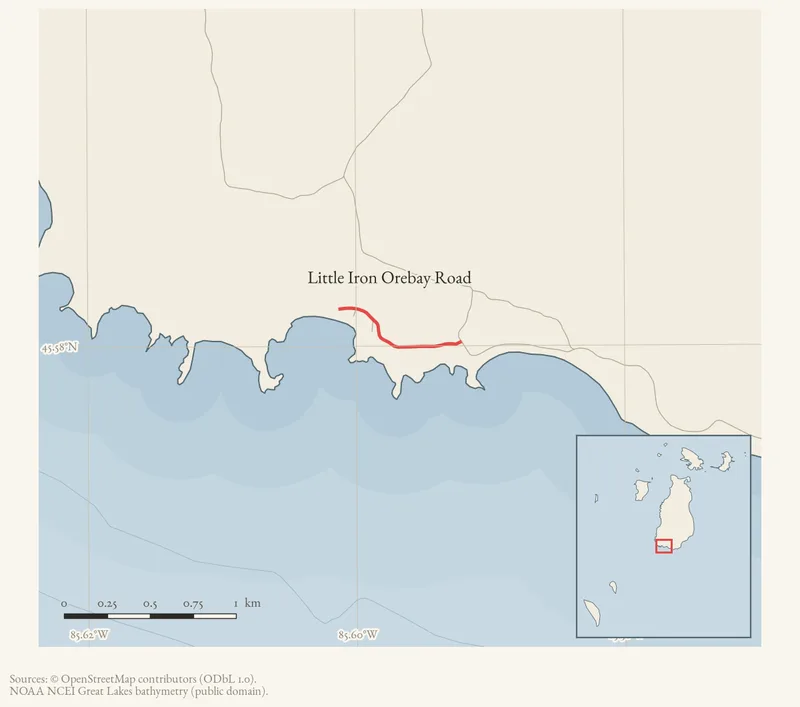 Locator map: Little Iron Orebay Road highlighted within the Beaver Island archipelago