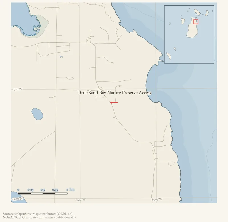 Locator map: Little Sand Bay Nature Preserve Access highlighted within the Beaver Island archipelago