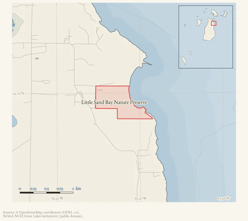 Locator map: Little Sand Bay Nature Preserve highlighted within the Beaver Island archipelago