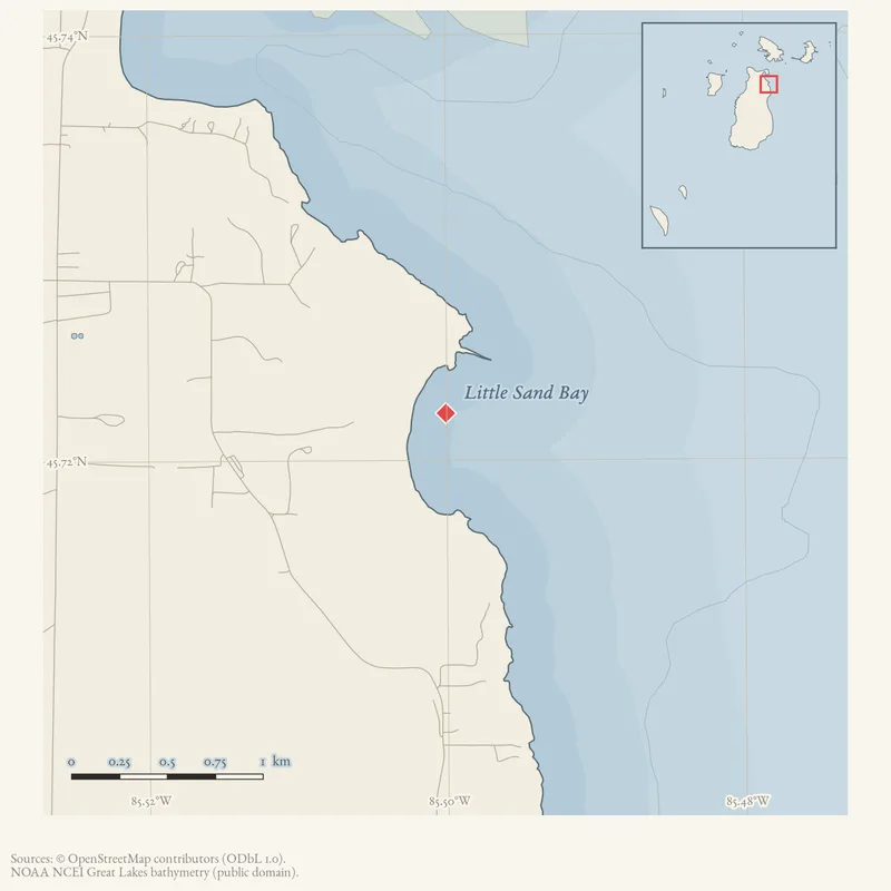 Locator map: Little Sand Bay highlighted within the Beaver Island archipelago