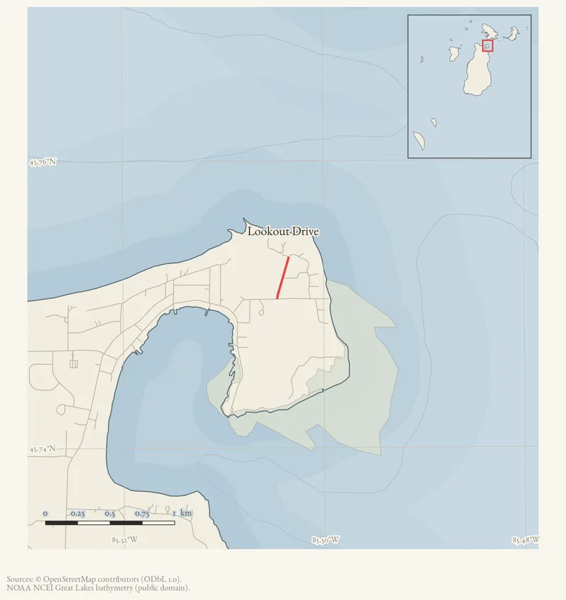 Locator map: Lookout Drive highlighted within the Beaver Island archipelago