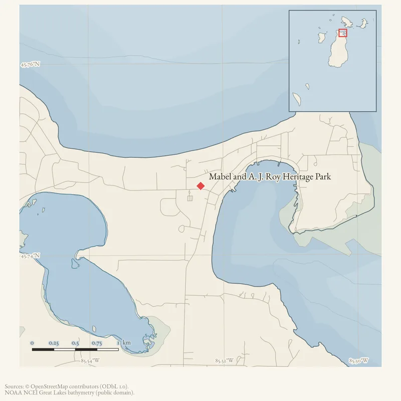 Locator map: Mabel and A. J. Roy Heritage Park highlighted within the Beaver Island archipelago