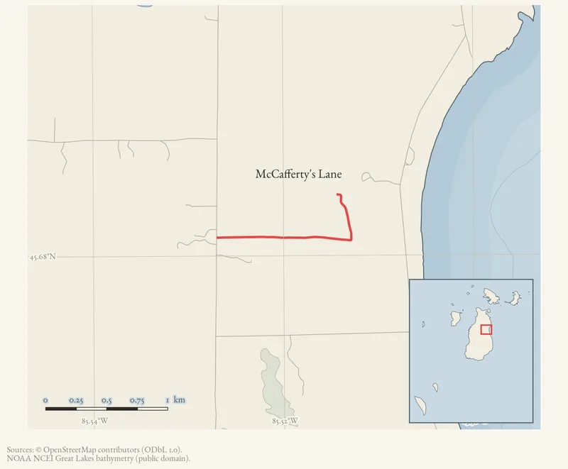 Locator map: McCafferty's Lane highlighted within the Beaver Island archipelago