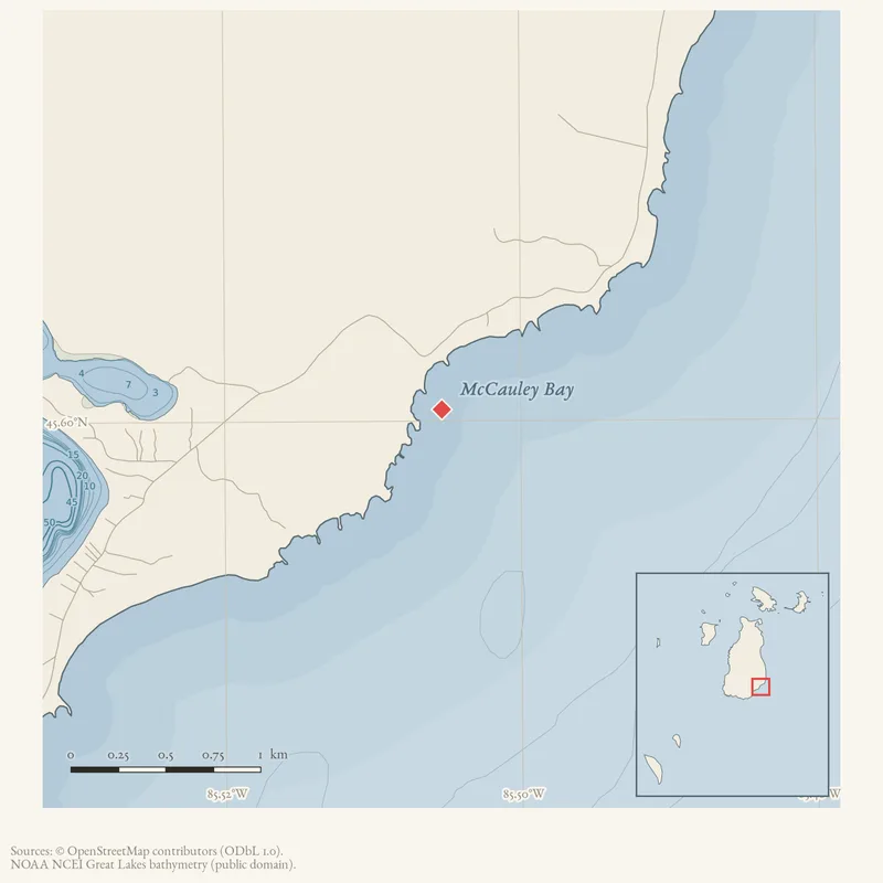Locator map: McCauley Bay highlighted within the Beaver Island archipelago