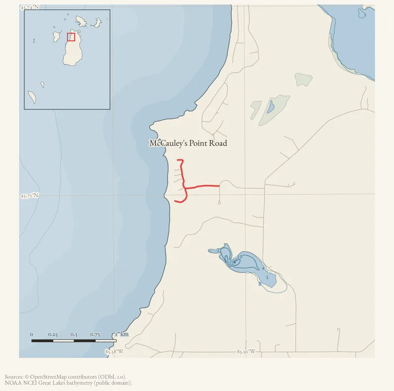 Locator map: McCauley's Point Road highlighted within the Beaver Island archipelago